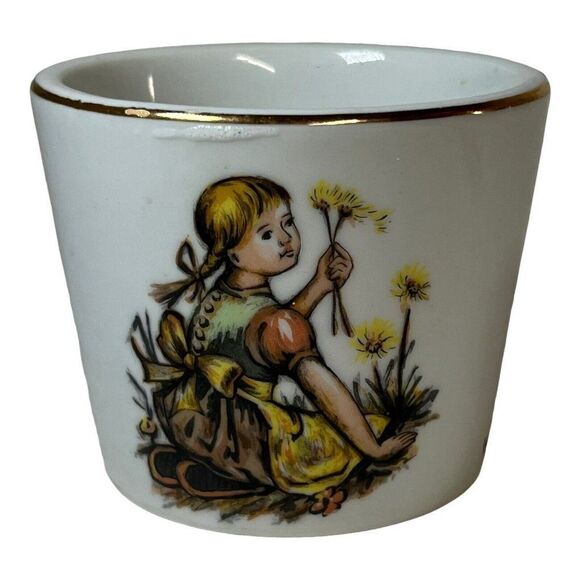 Vtg Price Imports Japan Ceramic Planter Girl Dandelion Flowers Boy Bird Gold Rim - Picture 1 of 7
